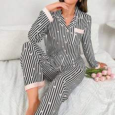 Wool Sleepwear Shein Striped Heart Collar Long Sleeve Pajama Set - Multicolor