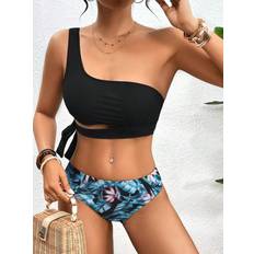 Blue Bikini Sets Vehhe One Shoulder Bikini Set Solid Padded Swimsuit - BlueF