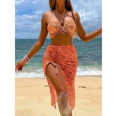 Paisley Swimsuit Cover-Ups & Sarong Wraps Vehhe Paisley Bikini Set Pareo With Skirt - Orange