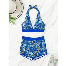 Blue Bikini Sets Vehhe Halter Bikini Set Short Swimsuit High Waist - Blue