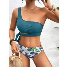 Blue Bikini Sets Vehhe One Shoulder Bikini Set Solid Padded Swimsuit - Blue