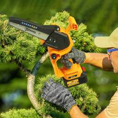 Battery Chainsaws on sale OutSunny 8 Inch Electric Chainsaw Brushless Motor Orange