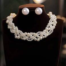 White Jewellery Sets Shein Luxury Wrapped Pearl Necklace Earrings Set - Multicolore