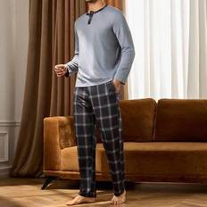 Men - Wool Sleepwear Shein Plaid Patchwork Long Sleeve Pajama Set