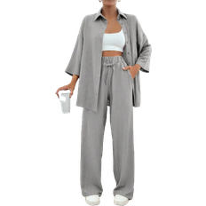 Shein RueChic 2 pieces set for women, long sleeve button front top and long pants with front tie, minimalist style