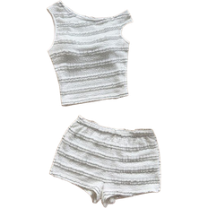 Shein Soleia Women's 2 Pieces Vacation Set: Red & White Striped Knit Bardot Top And Super Low-Rise Bodycon Shorts, For Party, Christmas, Valentine's Day, Date, Beach, Cruise, Carnival, Easter