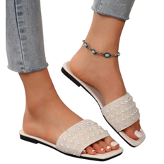Shein Spring Summer Eid New White Square Toe Flat Sandals To Match Dress Fashionable Fully Crystal Slip-On Slippers