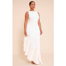 Boat Neck - Long Dresses PrettyLittleThing Stretch Woven Boat Neck Side Split Frill Maxi Dress - White