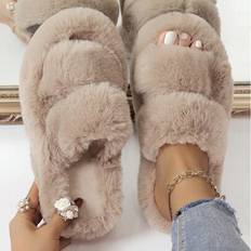 Beige Slippers Shein Solid Color Double Strap Slippers Plush Platform - Casual