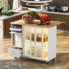 Kitchen Units Tiramisubest Kitchen Island With Drop Leaf LED Light - White