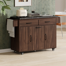 Kitchen Units Garvee Mobile Kitchen Island On Wheels With Trash Can Storage - Brown