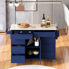 Kitchen Units Interbath Kitchen Island Cart with Rubber Wood Top and Locking Wheels - Dark Blue