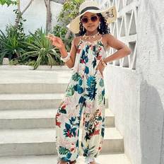 Jumpsuits Shein Tween Girl Casual Summer Vacation Style Loose Tropical Plant Print Jumpsuit - Hawaiian