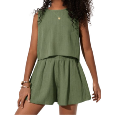 Shein Kids Tween Girls Casual Woven Solid Color Sleeveless Top And Loose Shorts Set - Holiday