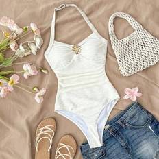 White Bathing Suits Children's Clothing Shein Teen Girls V-Neck Halter Floral Metal Buckle - White