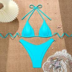 Blue - Women Bikini Sets Shein Summer Beach Solid Color Halter Neck Two-Piece Bikini Set - With Random Print