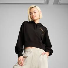 Beige - Fitness Sweatere Puma Leo Luxe Relaxed Cropped Hoodie - Black