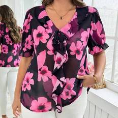 Shein Plus Size Summer Floral Print Tie Front Ruffle Hem Blouse - Rose Red
