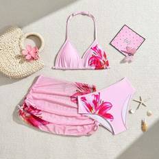 Shein Tween Girl 3 Pieces Floral Print Triangle Halter Neck - Beach Skirt