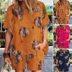 Orange - Women Suits Zanzea Printed Cotton Tracksuit Set Short Sleeve - Women's