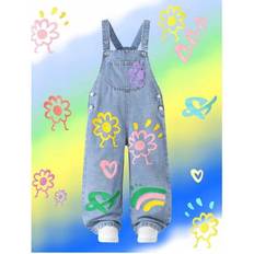 Shein Girls Cute Flower Print Denim Jumpsuit Lightweight - Summer