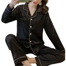 Vehhe Long Sleeve Silk Satin Pyjamas PJS - Black