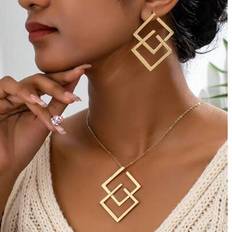 Yellow Jewellery Sets Shein Geometric Hollow Square Pendant Necklace Earrings Set - Jewelry