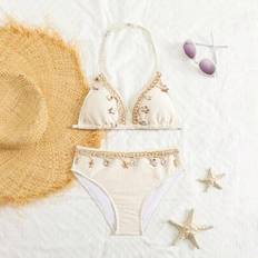 Bikinis Shein Girls Teen Special Fabric Bikini Set - Beige