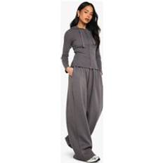 boohoo Rib Seam Detail Hoodie Straight Leg Jogger Set - Grey