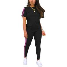 Stripes Suits Shein Striped Round Neck Short Sleeve Sports Top Set