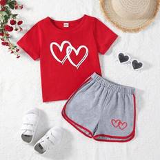 Red Other Sets Shein Young Girls Heart Print Short Sleeve T-Shirt Set