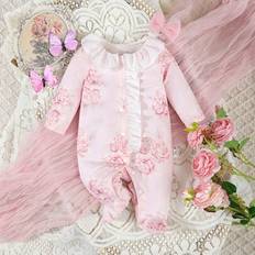 6-9M Jumpsuits Children's Clothing Shein Newborn Girls Elegant Pink Rose Footie Jumpsuit