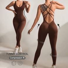 Brown - Fitness & Gym Jumpsuits & Overalls Shein Solid Color Cross Back Sports Jumpsuit