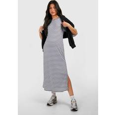boohoo Womens Maternity Short Sleeve Split Hem Striped Dress 8 White