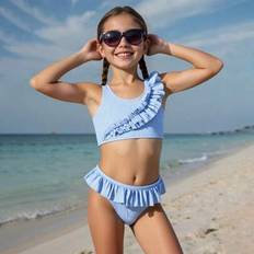 Blue Bikinis Children's Clothing Shein Tween Girls Pleated Double Layer Bikini Set - Blue