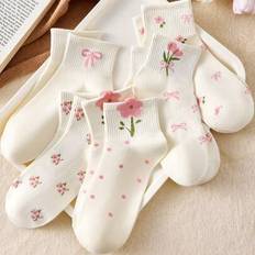 Polka Dots Children's Clothing Shein Kids Bowknot Polka Dot 3D Flower Crew Socks - White