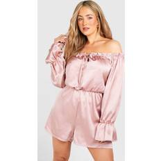 Purple - Women Jumpsuits & Overalls boohoo Womens Plus Satin Bardot Frill Detail Playsuit - Purple