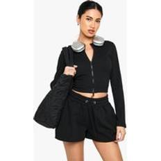 Cotton - Women Suits boohoo Double Zip Long Sleeve Rib Top Short Tracksuit - Black