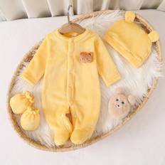Yellow Jumpsuits Children's Clothing Shein Newborn Baby Long Sleeve Jumpsuit With Hat Gloves Set - Color