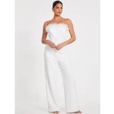 White - Women Jumpsuits & Overalls Quiz Feather Trim Jumpsuit - White