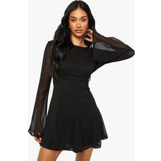 Women Dresses boohoo Slash Neck Long Sleeve Godet Mini Dress - Black