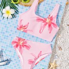 Shein Tropical Floral Print Tween Girls Swimsuit Set - Coconut