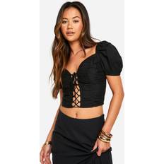 Linen Corsets boohoo Lace Up Linen Look Corset - Black