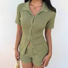 Shein Women Vacation Casual Short Sleeve Knit Top Set