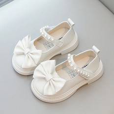 White Ballerinas Children's Shoes Shein Bowknot PU Pearl Hook And Loop Slip-Resistant Shoes - Multicolor