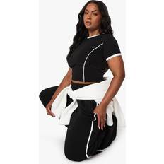 Cotton - Women Suits boohoo Plus Piping Detail T-shirt Straight Leg Jogger Set - Black