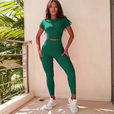 Fitness & Gym Suits Shein Solid Color Crew Neck Short Sleeve Top Pants - Casual