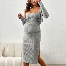 Grey Maternity & Nursing Wear Shein Maternity Split Thigh Rib-Knit Cami Dress
