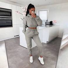 Grey - Sportswear Garment Sleepwear Shein Women Casual Warm Thickened Solid Color Long Sleeve Hooded Sweatshirt Set - Autumn/Winter