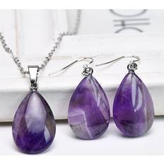 Amethyst Jewellery Sets Temu Amethyst Teardrop Pendant Necklace Earrings - Bohemian